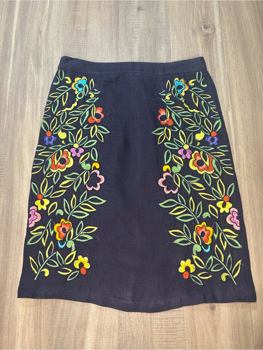 Moulinette Soeurs Navy Pencil Skirt with Multicolor Floral Embroidery